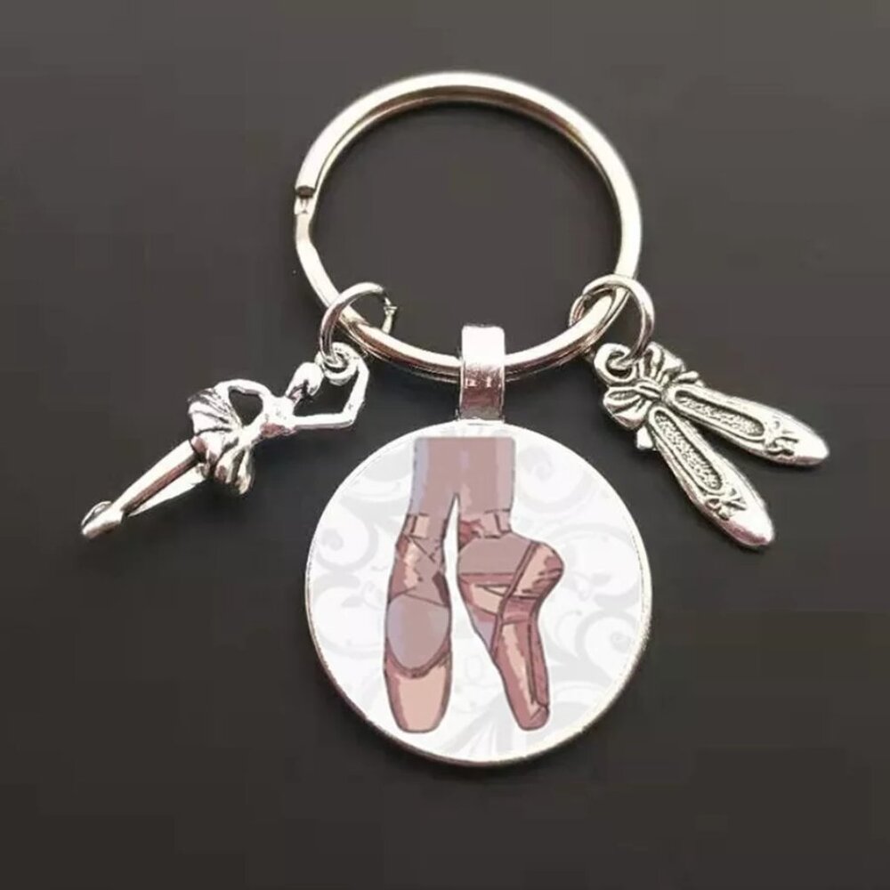 Silver Ballet Dance Pendant Cabochon Ballerina Circle Key Ring Key Holder Gift - Picture 1 of 5
